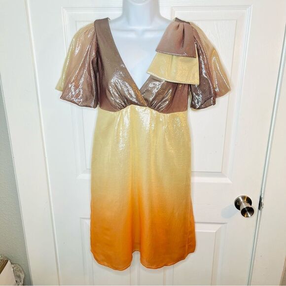 Voom by Joy Han Brown Orange Bow Shimmery Ombre Metallic Silk Cocktail Dress S - Picture 5 of 11